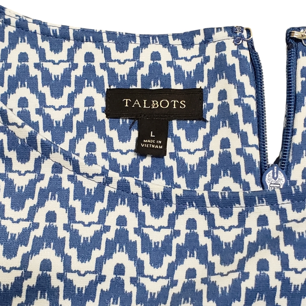 Talbots Sleeveless Blue Geometric Print Midi Dress Lg Fit N Flare Summer Career - Picture 8 of 12